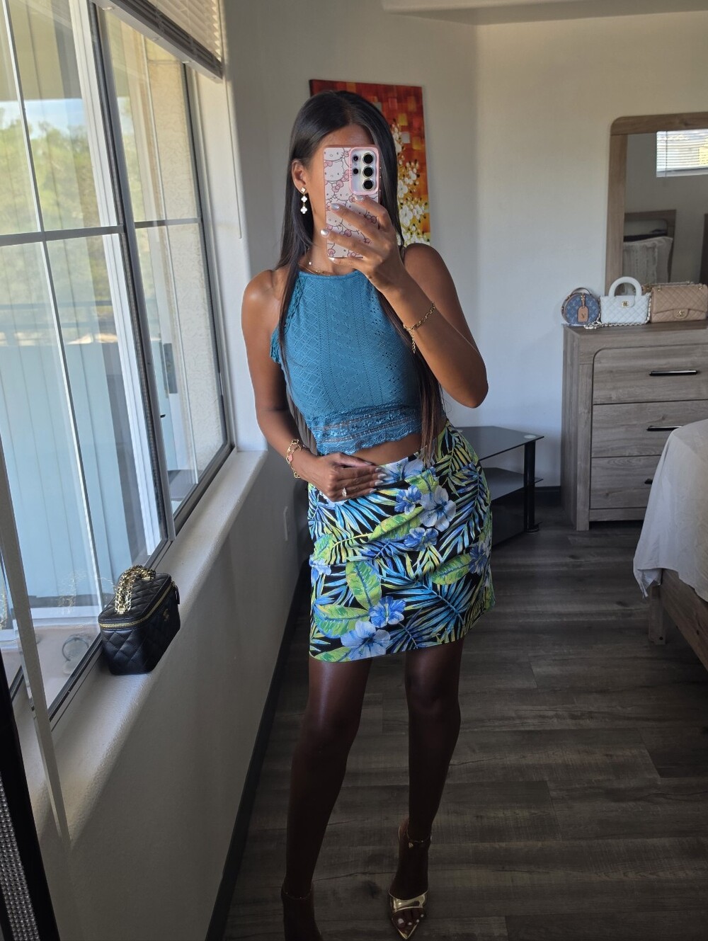 Tropical Leaf Bodycon Mini Skirt - Blue Green